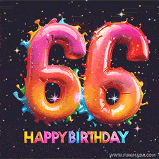 A vibrant age-specific birthday short animation displays the number '66' in shiny balloon-like letters with the words 'Happy Birthday' underneath. The dark background is punctuated with festive stars and balloons.