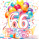 Animazione con palloncini colorati e scintillanti, accompagnata dal numero 66 in caratteri grandi e luminosi, e la scritta 'Tanti Auguri!' in stile vivace.