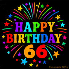 Colorful 'Happy Birthday 66' GIF with vibrant fireworks, stars, and rainbow-colored letters