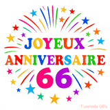 GIF animé joyeux anniversaire 66 ans avec étoiles multicolores et feu d’artifice