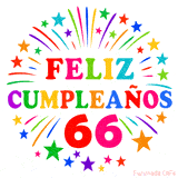 Imagen animada para felicitar los 66 años con letras de colores y diseño festivo.