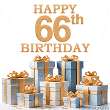 Festive animated eCard with elegant 'Happy 66th Birthday' text above a pile of luxurious blue, white, and gold gift boxes and presents.