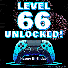Animated GIF for a 66 birthday. The text 'Level 66 Unlocked!' and 'Happy Birthday!' are displayed over a blue video game controller with exploding fireworks in the background.