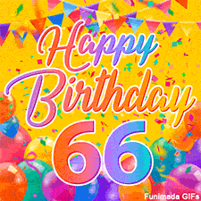 A bright and colorful animation for a 66th birthday, The greeting is set against a yellow backdrop with animated confetti, colorful bunting at the top, and balloons at the bottom.