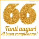 GIF animata per un 66° compleanno, Mostra il numero 66 in grandi caratteri dorati pieni di glitter scintillante, Sotto, la scritta 'Tanti auguri di buon compleanno!' in un elegante oro.