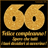 Un GIF animato per un 66° compleanno, Presenta il testo 'Buon Compleanno 66' su uno sfondo giallo vivo con palloncini colorati, festoni e una pioggia di coriandoli.