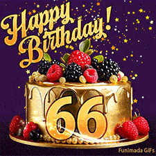 A delicious-looking animated birthday card for a 66th birthday, decorated with raspberries, blackberries, and gold details, Stars sparkle and fall, with 'Happy Birthday!' text above.