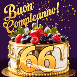 Un GIF animato di una bellissima torta per il 66° compleanno con glassa dorata e frutti di bosco freschi, Il numero dorato 66 è davanti, e stelle cadono su uno sfondo viola scuro.