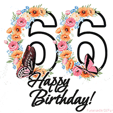 A floral 66th birthday animated greeting card. The number '66' is surrounded by animated flowers and butterflies, creating a beautiful and cheerful way to celebrate the milestone.