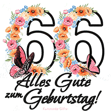 Ein florales GIF zum 66. Geburtstag. Die Zahl '66' ist von animierten Blumen und Schmetterlingen umgeben und bietet eine schöne und fröhliche Art, den Meilenstein zu feiern.