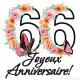 Ce GIF de Joyeux 66ème Anniversaire présente le nombre vingt rempli d'un bouquet vibrant de fleurs animées, avec des papillons qui bougent doucement sur un fond blanc.