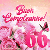GIF 66 anni con rose in fiore, numero sessantasei e una farfalla rosa che sbatte le ali tra riflessi luminosi magici.