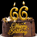 66 Birthday Chocolate Cake with Gold Glitter Number 66 Candles (GIF)