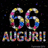 Il numero 66 e l'espressione Auguri disegnati da gioielli brillanti multicolori, circondati da piccole scintille su uno sfondo scuro.