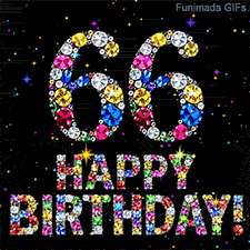 On a dark background, the number 66 and Happy Birthday phrase are formed using colorful shimmering jewels, accompanied by tiny animated twinkling bright stars.