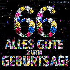 Die aus bunten Diamanten bestehende Zahl 66 und die Worte Alles Gute zum Geburtstag auf dunkler Leinwand mit kleinen funkelnden Sternen.