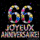 Le chiffre 66 et l'inscription Joyeux Anniversaire dessinés par des joyaux brillants multicolores, entourés de petites étincelles sur fond sombre.