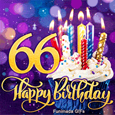 The digit 66 in gold next to a cupcake with white frosting and burning candles. Golden Happy Birthday lettering set against a purple bokeh backdrop.