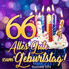 Neben einem Muffin mit leuchtenden Kerzen steht die große goldene 66. Der kursive Glückwunsch leuchtet vor einem lila Sternenhintergrund.