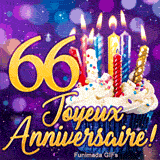 Image animée 66 ans avec le double chiffre 66 d'or, des bougies colorées illuminées et un gâteau sur fond lila.