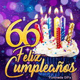 Imagen animada 66 años con el número doble 66 de oro, velas coloridas iluminadas y una tarta sobre fondo morado.