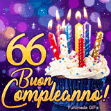 Immagine animata 66 anni con il doppio numero 66 d'oro, candeline colorate illuminate e un dolcetto su sfondo viola.