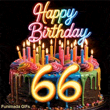 Revolving colorful birthday cake GIF with glowing neon Happy Birthday topper, lit candles, and glowing yellow number 66.