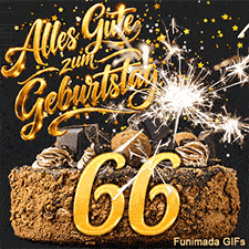 Alles Gute zum Geburtstag schwebt über einer festlichen Torte. Die 66 wird von sprühenden Funken und tanzenden Goldsternen feierlich umrahmt.