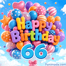 Colorful balloon letters saying Happy Birthday float in a blue sky, accompanied by a prominent blue number 66 attached to the bottom.