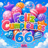 Imagen animada 66 años con el número doble 66 azul, globos de corazones y estrellas flotando en un cielo azul.