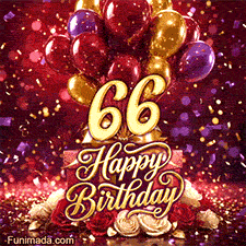 Floating balloons presents and flowers surround the large golden 66 as Happy Birthday lettering and sparkling confetti create a lively birthday animation