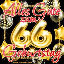 Glänzende goldene Ballons und ein quadratischer Glitzerrahmen: Animiertes GIF zum 66. Geburtstag mit der großen goldenen Zahl 66