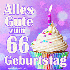 Ein lebendiges Geburtstags-GIF mit einem dekorierten Cupcake, einer Kerze und der Zahl 66 auf einem bunten Hintergrund.
