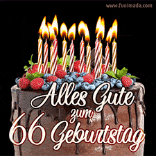 Das Geburtstags-GIF zeigt einen Schokoladenkuchen mit Beeren und Kerzen zur Feier eines 66. Geburtstags.