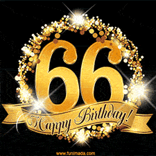 A golden 66th birthday GIF features a decorative circle and ribbon. The design sparkles with light and gold accents against a black background.