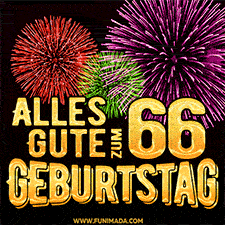 Ein dynamisches animiertes GIF mit buntem Feuerwerk und goldenen Zahlen, die den 66 Geburtstag hervorheben.