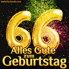 Große goldene Zahlen 66 auf schwarzem Hintergrund, die Worte 'Alles Gute zum Geburtstag' in goldener Schrift und ein spektakuläres Feuerwerk.