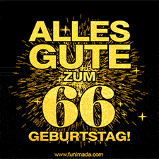 Ein GIF zum66. Geburtstag mit goldener Schrift und Feuerwerk auf schwarzem Hintergrund.