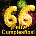 ¡Muy felices 66 años! GIF de texto dorado y fuegos artificiales.