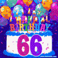 66th Birthday Cake gif: colorful candles, balloons, confetti and number 66