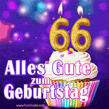 Ein glänzendes Geburtstags-GIF mit goldenen Kerzen mit der Zahl 66 auf einem weißen cremefarbenen Cupcake und dem Text 'Alles Gute zum Geburtstag'.