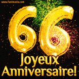 GIF animé pour un 66e anniversaire avec des ballons dorés en forme de 66, des feux d'artifice colorés et le texte 'Joyeux Anniversaire!' sur un fond noir festif.