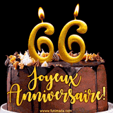 GIF animé pour un 66e anniversaire avec une élégante gâteau au chocolat, des bougies dorées formant le chiffre 66 et le texte 'Joyeux Anniversaire!' en écriture dorée.