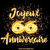 GIF animé joyeux anniversaire pour 66 ans avec des lettres dorées scintillantes et le chiffre 66 entouré de confettis dorés sur un fond noir.