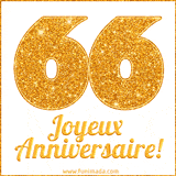 GIF animé joyeux anniversaire pour 66 ans avec un chiffre 66 brillant en or et le texte 'Joyeux Anniversaire!' en écriture élégante sur un fond blanc.