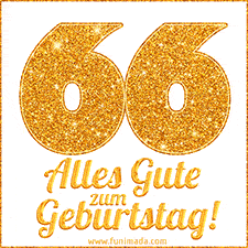 Glänzendes GIF mit einer goldenen Zahl 66 und den Worten 'Alles Gute zum Geburtstag' in eleganter handgeschriebener Schriftart.