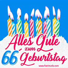 Ein buntes Geburtstags-GIF mit strahlenden Kerzen auf einer festlichen Torte zur Feier des 66.