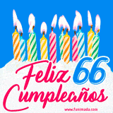 Animación de un pastel decorado con velas coloridas y encendidas, el número 66 destacado en azul y la frase 'Feliz cumpleaños' en letras estilizadas.