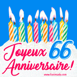 GIF animé joyeux anniversaire pour 66 ans avec des bougies colorées allumées, un fond bleu vif et le texte 'Joyeux Anniversaire 66!' en écriture élégante.