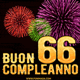 Animazione di fuochi d'artificio colorati con il numero 66 in oro brillante e la scritta 'Buon Compleanno' su uno sfondo nero festivo ed elegante.